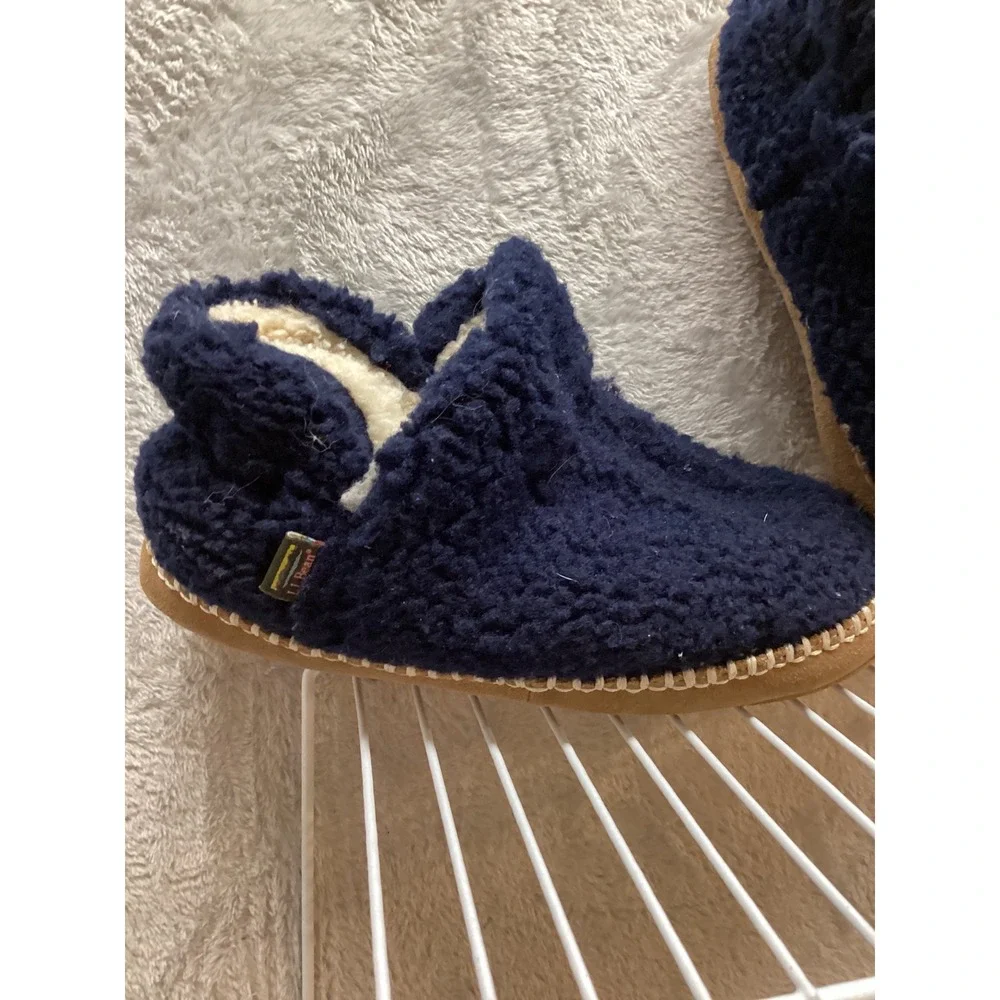 LL Bean Kids Navy Blue Sherpa Lined Moccasin Slippers Size‎ 1-2